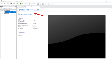 VMware VM main interface with the new VM selected, and the Power on this machine option highlighted in the upper left. 